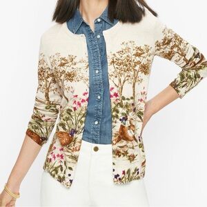 Talbots Charming Pheasant Garden Cardigan Sweater M Petite Equestrian Preppy